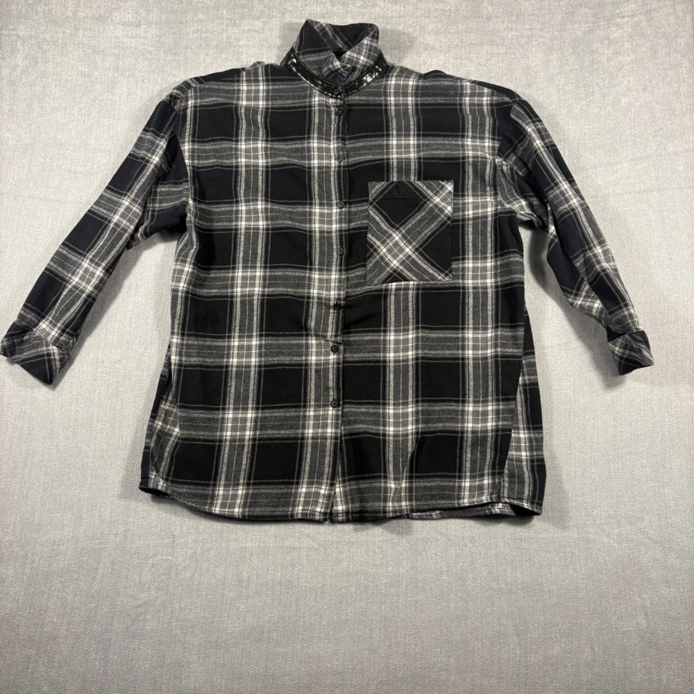 Zara Mens Black White Plaid Flannel Shirt Faux Leather Collar Trim Small